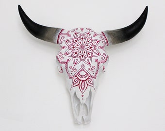 Beautiful Hand Painted Faux Cow Skull with Magenta Pink Mandala - 3 sizes available