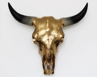 Metallic Gold Bronze Faux Cow Skull with Horns - 3 sizes available