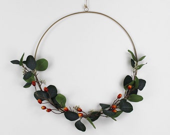 Artificial Eucalyptus and Rose Hip Wreath 3 sizes // Green Christmas Brass Hoop