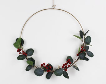 Artificial Eucalyptus and Berries Wreath 3 sizes // Green Christmas Brass Hoop