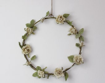 Faux Cream White Rose Garland Wreath 3 sizes // Floral Brass Hoop