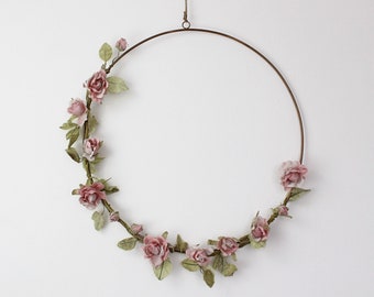 Faux Pink Rose Garland Wreath 3 sizes // Floral Brass Hoop