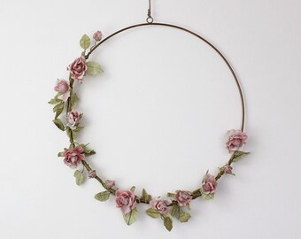 Faux Pink Rose Garland Wreath 3 sizes // Floral Brass Hoop