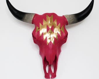 Hand Painted Faux Cow Skull with Gold Navajo Pattern - 3 sizes available
