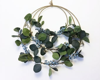 Artificial Eucalyptus and Berries Wreath 3 sizes // Green Christmas Brass Hoop