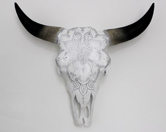 Beautiful Hand Painted Faux Cow Skull with Silver Mandala - 3 sizes available