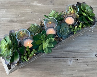 Faux Succulent Centrepiece for Tealight Candles - Rustic Pallet Wood Trough