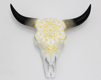 Beautiful Hand Painted Faux Cow Skull with Yellow Mandala - 3 sizes available