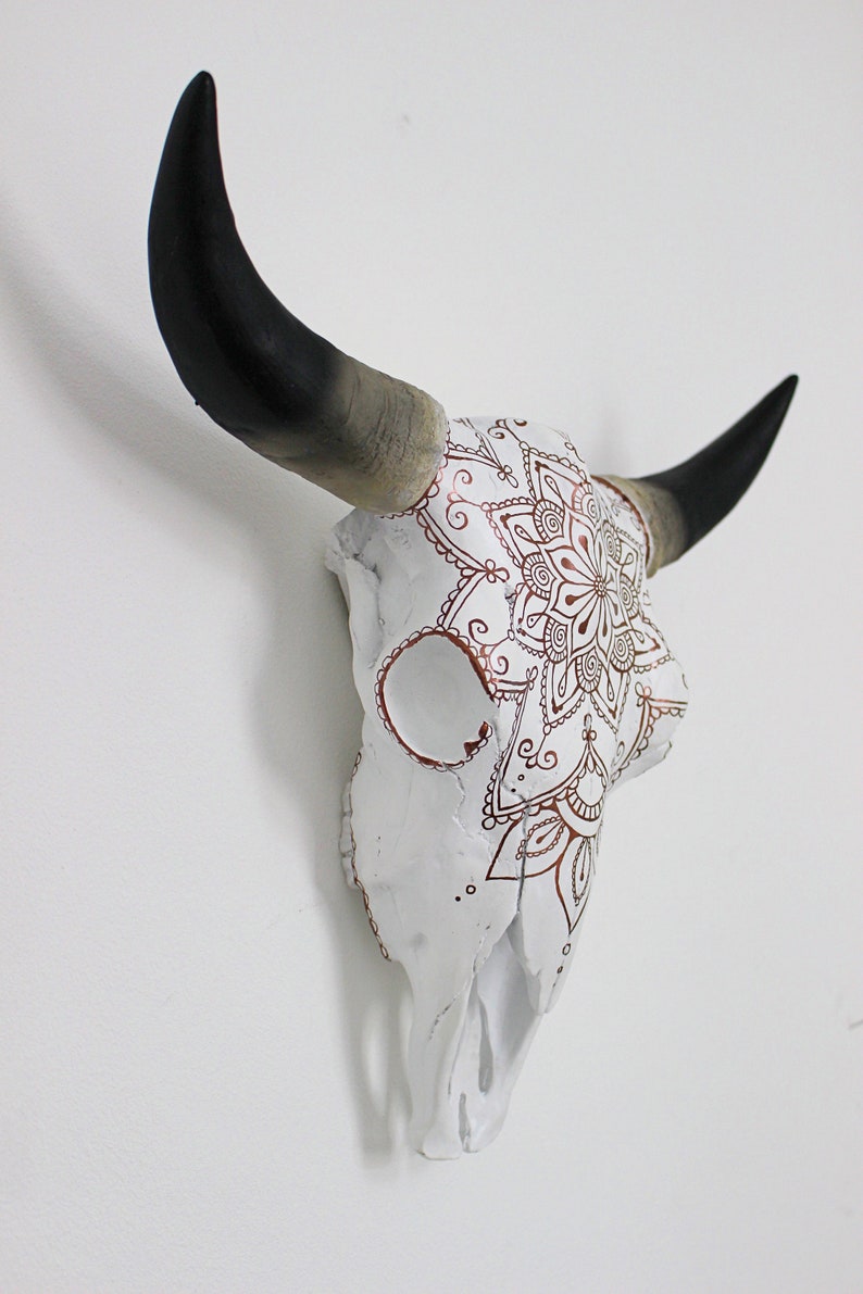 Beautiful Hand Painted Faux Cow Skull with Copper Mandala 3 sizes available image 4