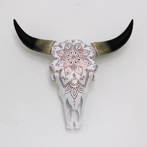 Beautiful Hand Painted Faux Cow Skull with Copper Mandala 3 sizes available image 1