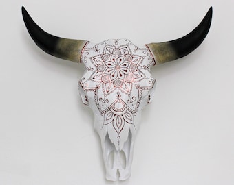 Beautiful Hand Painted Faux Cow Skull with Copper Mandala - 3 sizes available