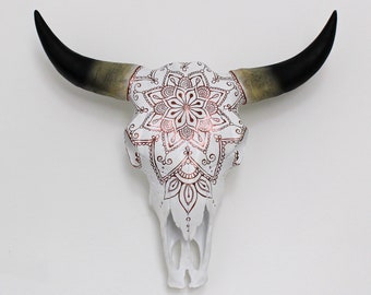 Beautiful Hand Painted Faux Cow Skull with Copper Mandala - 3 sizes available