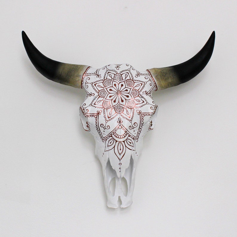 Beautiful Hand Painted Faux Cow Skull with Copper Mandala 3 sizes available image 1