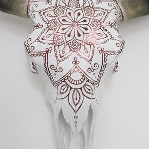 Beautiful Hand Painted Faux Cow Skull with Copper Mandala 3 sizes available image 2