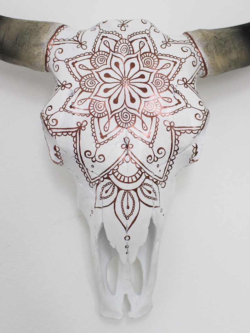 Beautiful Hand Painted Faux Cow Skull with Copper Mandala 3 sizes available image 2