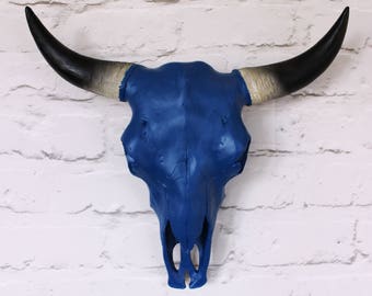 Dark Blue Faux Cow Skull with Horns - 3 sizes available