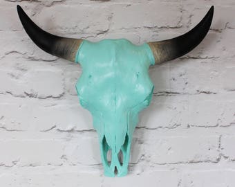 Teal Faux Cow Skull with Horns - 3 sizes available