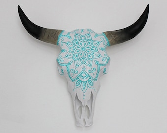 Beautiful Hand Painted Faux Cow Skull with Turquoise Teal Mandala - 3 sizes available