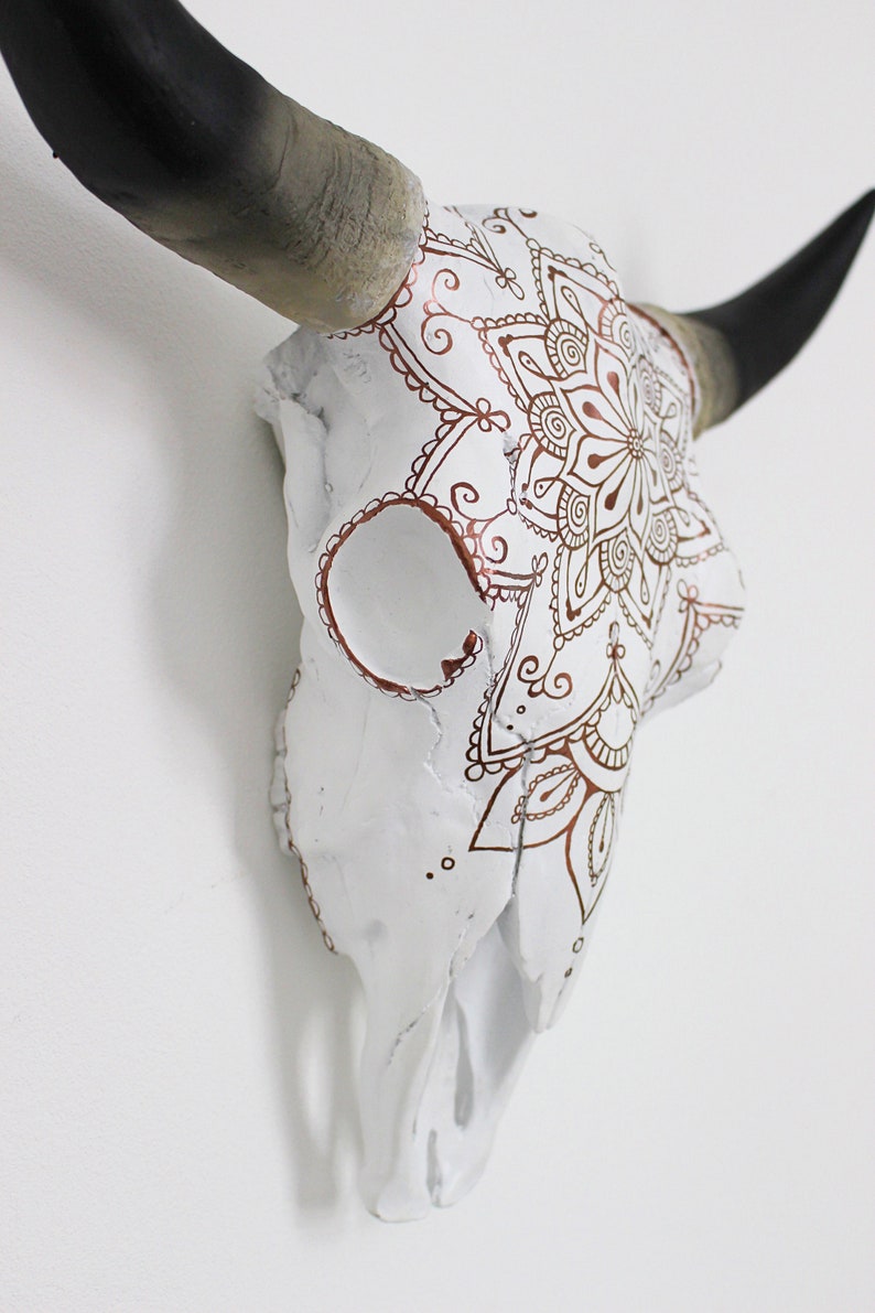 Beautiful Hand Painted Faux Cow Skull with Copper Mandala 3 sizes available image 5