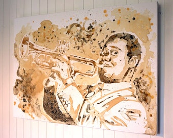 Portrait de Louis Armstrong, Décoration murale, Pochoir au café et acrylique doré