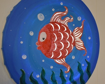 Tableau lumineux LED rond, 'Poisson rouge', décoration chambre enfant