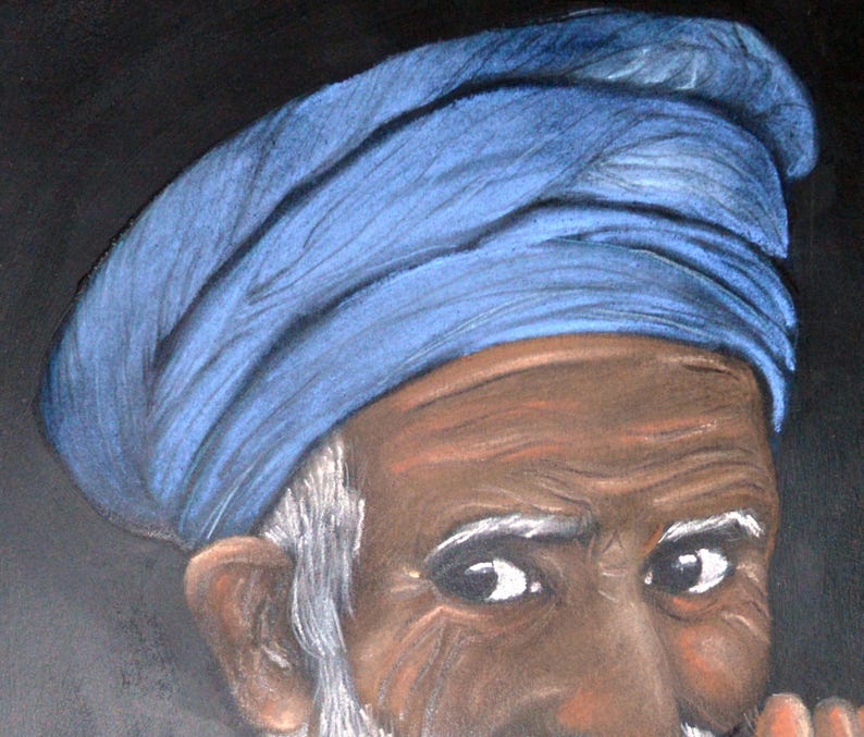 Portrait ethnique 'Vieil homme du Pakistan', dessin aux pastels secs image 5