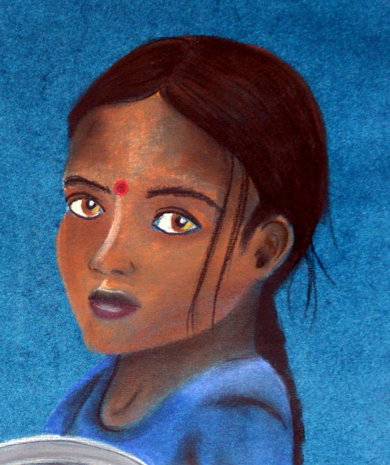 Portrait ethnique 'Jeune indienne porteuse d'eau', dessin aux pastels secs image 2