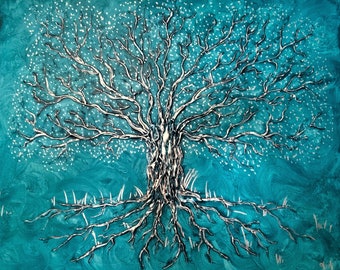 Tableau 'Arbre de vie argent et bleu en relief', décoration murale