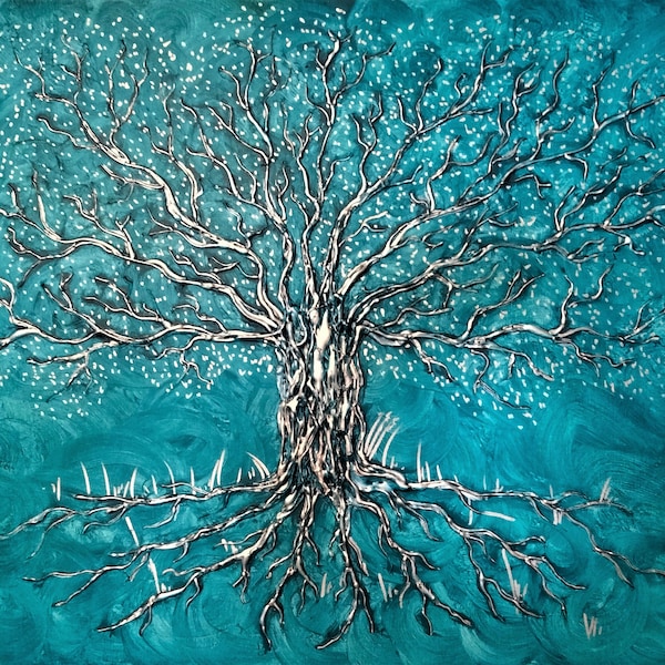 Tableau 'Arbre de vie argent et bleu en relief', décoration murale