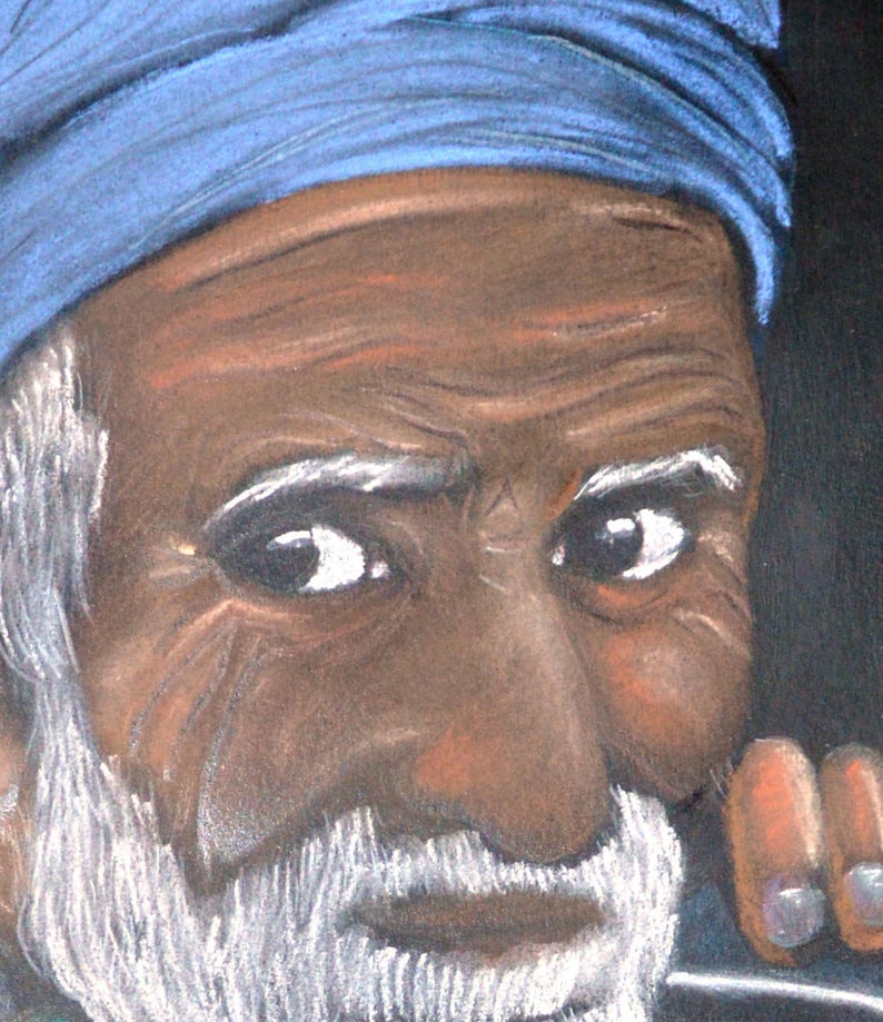 Portrait ethnique 'Vieil homme du Pakistan', dessin aux pastels secs image 3