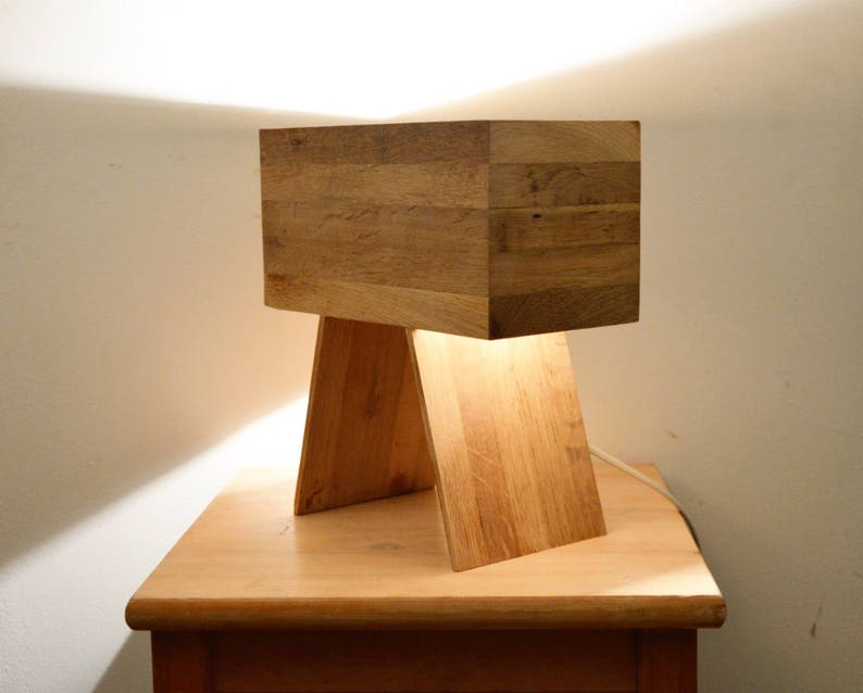 rectangulair design table lamp Made from recycled oak flooring wood Drillin by Lune et Animo Wooden design lamp