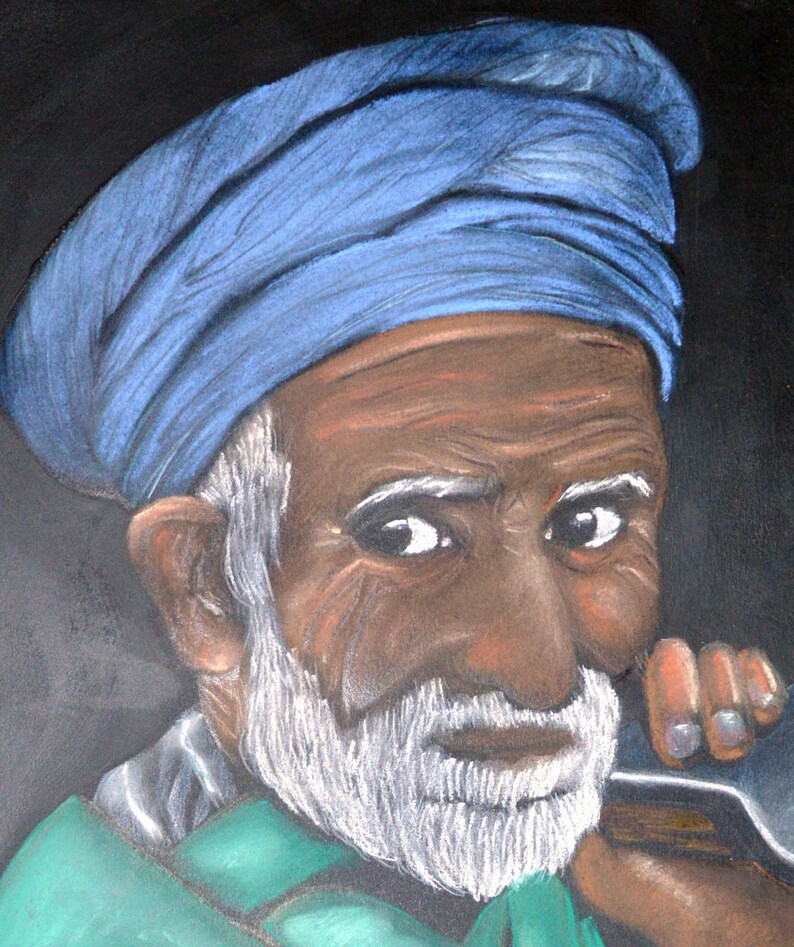 Portrait ethnique 'Vieil homme du Pakistan', dessin aux pastels secs image 2