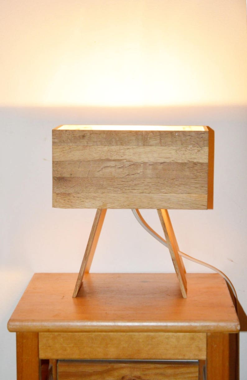 rectangulair design table lamp Made from recycled oak flooring wood Drillin by Lune et Animo Wooden design lamp