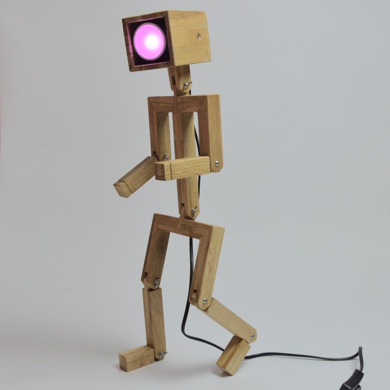 JAFFU // Wooden articulated design lamp in the form of a personage, recycled oak wood, LED connected wifi , by Lune et Animo image 3