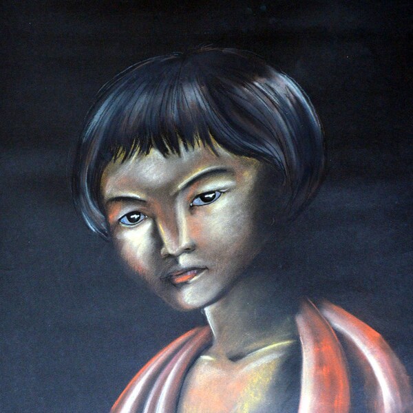 Portrait ethnique 'Okya du Japon', dessin aux pastels secs