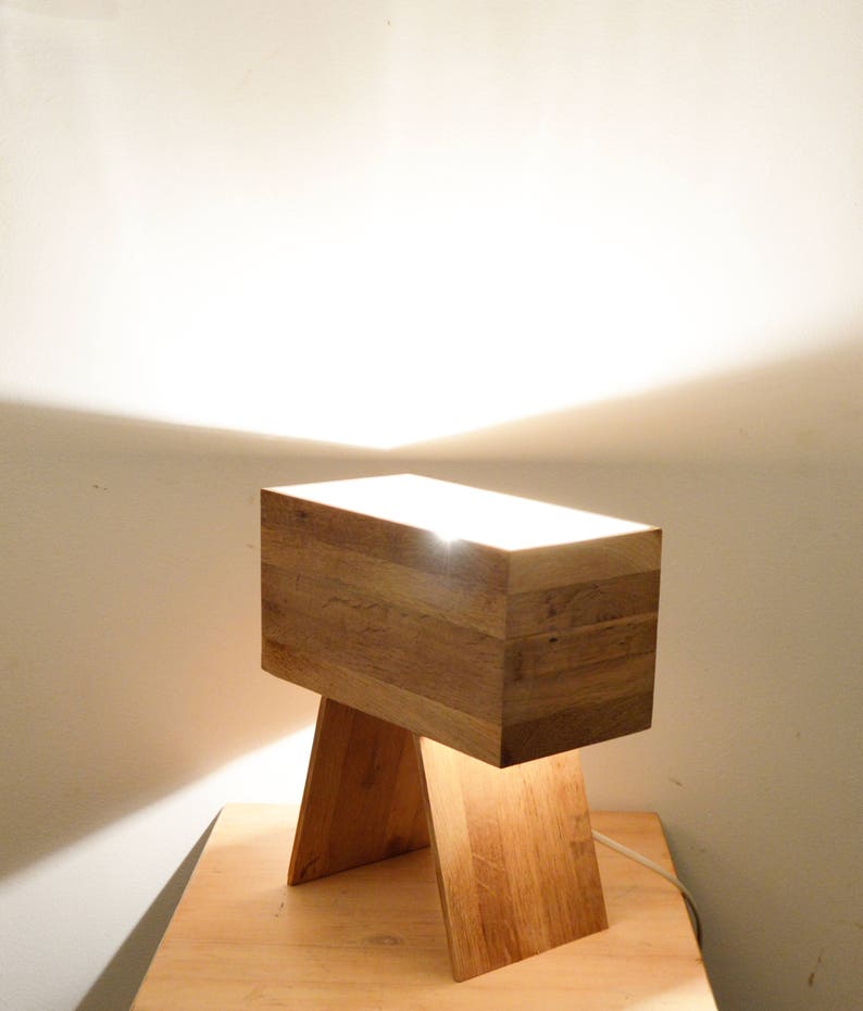 rectangulair design table lamp Made from recycled oak flooring wood Drillin by Lune et Animo Wooden design lamp