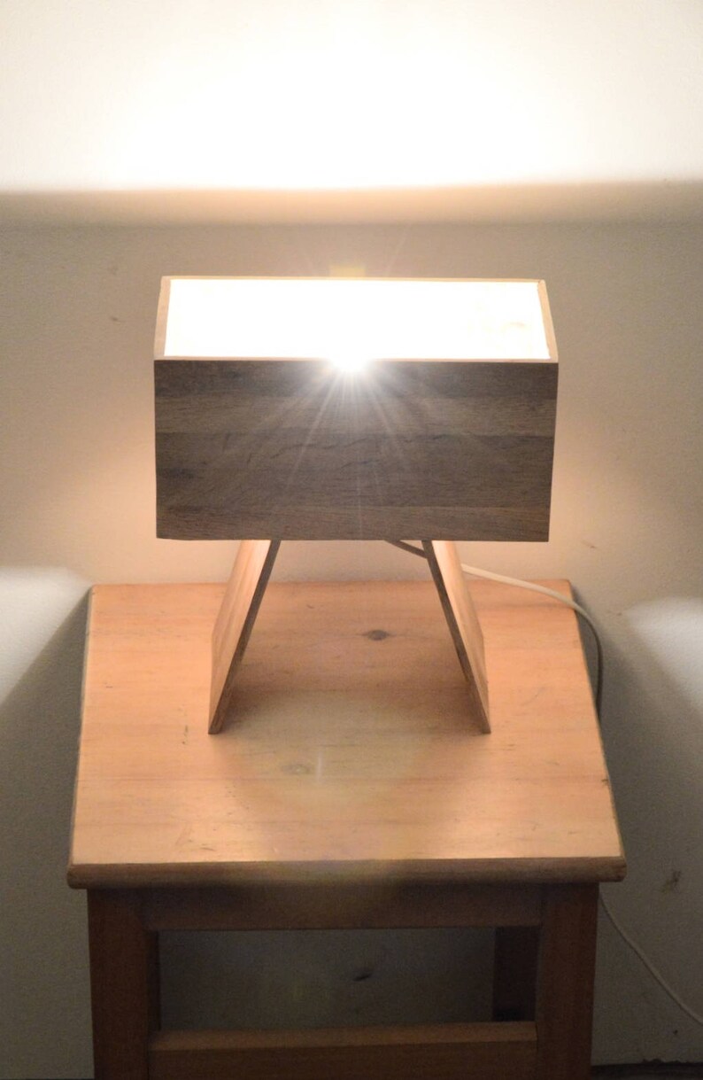 rectangulair design table lamp Made from recycled oak flooring wood Drillin by Lune et Animo Wooden design lamp