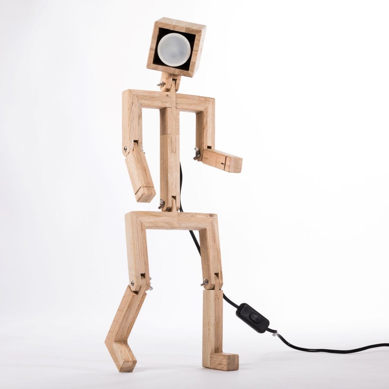 JAFFU // Wooden articulated design lamp in the form of a personage, recycled oak wood, LED connected wifi , by Lune et Animo image 7