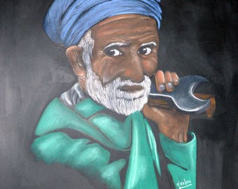 Portrait ethnique 'Vieil homme du Pakistan', dessin aux pastels secs