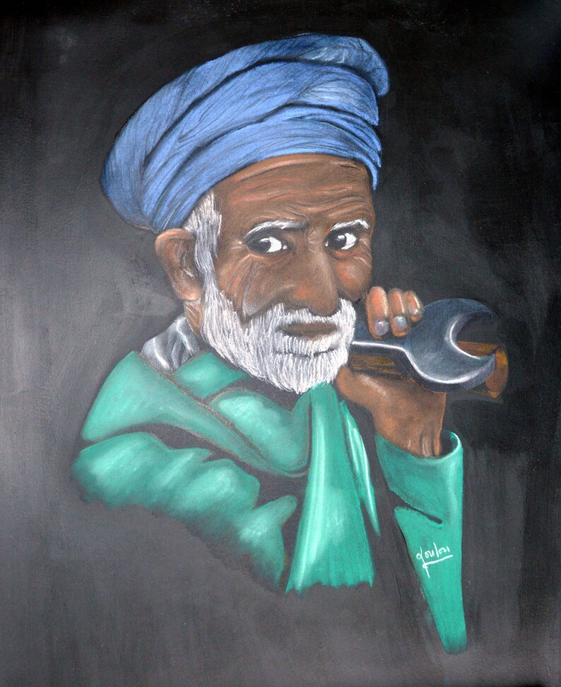 Portrait ethnique 'Vieil homme du Pakistan', dessin aux pastels secs image 1