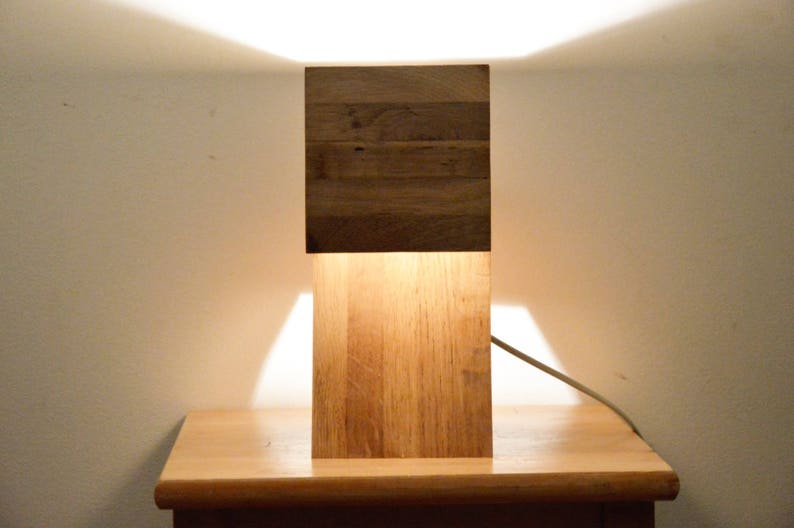 rectangulair design table lamp Made from recycled oak flooring wood Drillin by Lune et Animo Wooden design lamp
