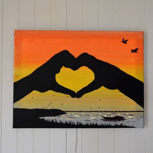 Tableau lumineux LED, 'Mains en coeur sur coucher de soleil', décoration murale image 2