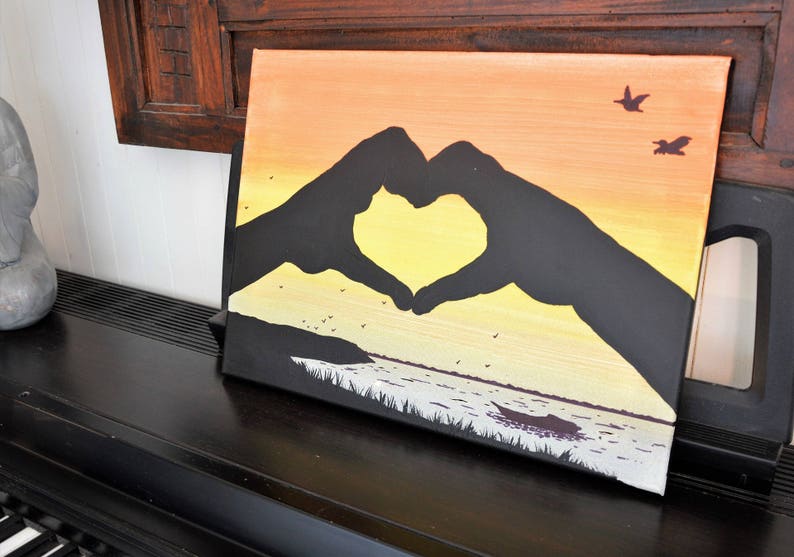 Tableau lumineux LED, 'Mains en coeur sur coucher de soleil', décoration murale image 5