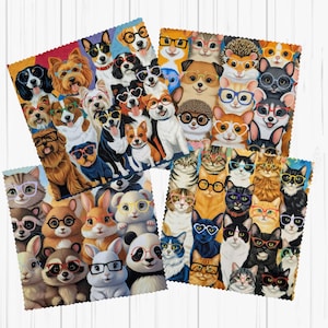 Cats Dogs Small Animals Microfiber Cleaning Cloth Wipes for Glasses, Screens - Set of 4 Fun Designs