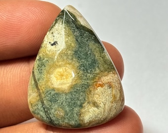 May include: A teardrop-shaped gemstone with a polished surface. The stone features a blend of colors, including green, beige, and yellow, with darker veins running through it. The gemstone is held between fingers.