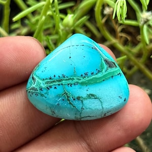 May include: A polished, triangular gemstone with a vibrant turquoise hue, accented by streaks of green and black. The stone's surface displays natural patterns and subtle cracks, showcasing its unique character. The gemstone is held in a hand, with a blurred green background.