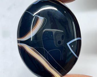 Black Banded Agate Cabochon: Handmade Oval Gemstone (42X33mm, 91cts)