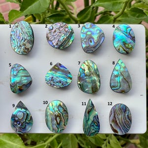 Puede incluir: Doce cabujones de concha de abulón pulidos dispuestos en una cuadrícula sobre una superficie blanca. Cada pieza muestra remolinos iridiscentes de azul, verde y morado. Los cabujones están numerados del uno al doce y tienen formas ovaladas, redondas y de lágrima.