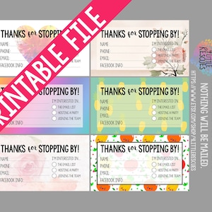 Op de afbeelding: Vier printbare kaarten met een kleurrijke achtergrond en de tekst "Bedankt voor je bezoek!" met ruimte voor een naam, telefoonnummer, e-mailadres en Facebook-informatie. Elke kaart heeft een selectievakjelijst met de opties "De e-maillijst", "Een feest organiseren" en "Toetreden tot het team".