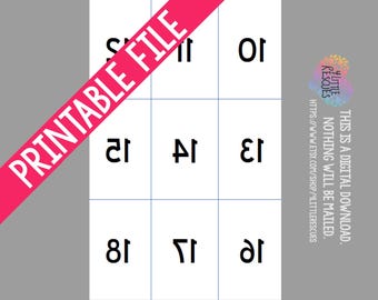 May include: A white printable file with a grid of numbers 10-18. A diagonal pink banner reads "PRINTABLE FILE". The text "THIS IS A DIGITAL DOWNLOAD. NOTHING WILL BE MAILED" is also visible.